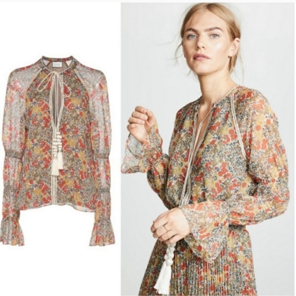 ALEXIS “Samera” Floral Print Sheer Peasant Top Blouse Tassel Tie GMA Hoda Large